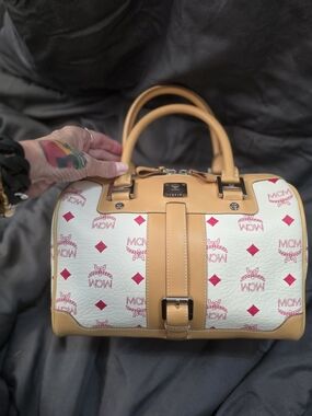 MCM Boston Bag In Pink Visetos Coated Canvas With Tan Leather Trim